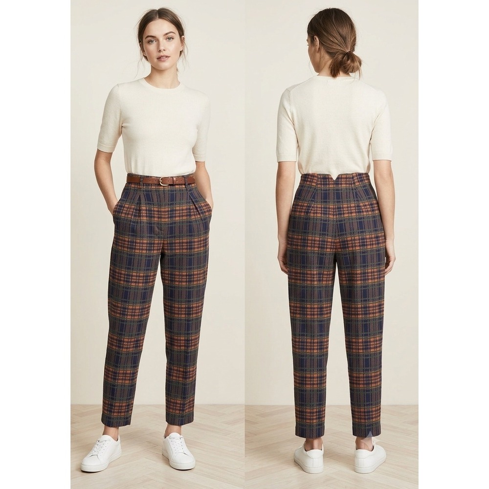 Free People Pants Womens Small Blue Orange Plaid High Rise Pleated Tapered Leg‎